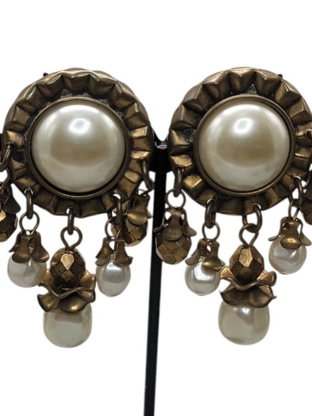 Vintage SF Baer Faux Pearls Dangling Beads Post Earrings Statement Antique Brass